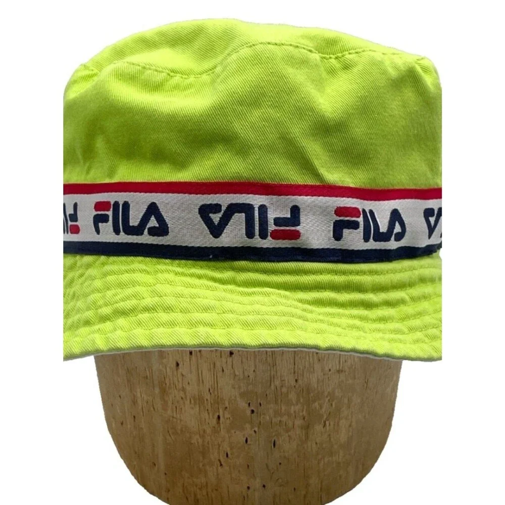 FILA Cotton Bucket Hat Neon Green All Over FILA Hat Band Unisex One Size RARE